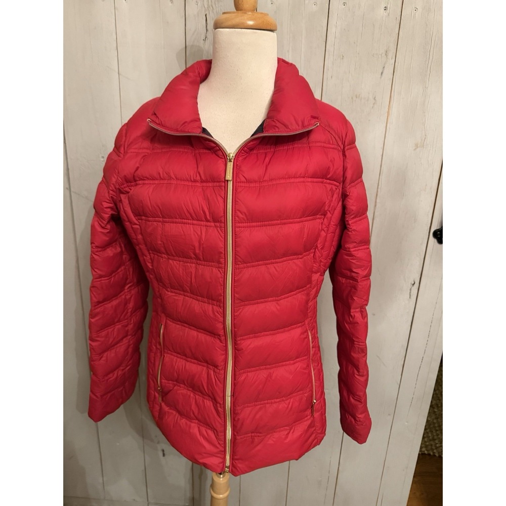 MICHAEL KORS Red Quilted Lg Packable Puffer Down Jacket Coat Gold Zip L5 - Picture 3 of 9
